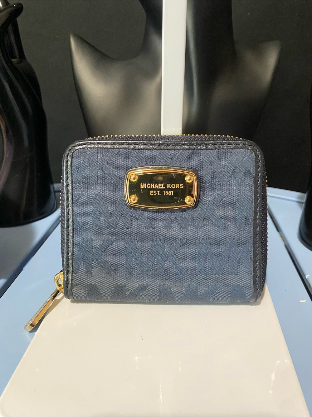 Michael Kors Long Navy Blue Wallet with Gold Hardware and Zipper